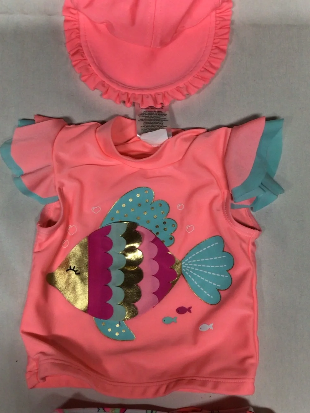 Girls' Coral Pink Swim Top & Ruffle Sun Hat with Gold Fish Accent